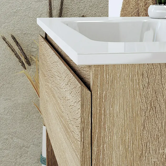 Artysan Conjunto de mueble de baño Vela - Ancho: 80 cm, Natural, 3 pzs. - Primer plano de un moderno tocador con un lavabo blanco y un acabado de madera. Un diseño elegante para cualquier baño.