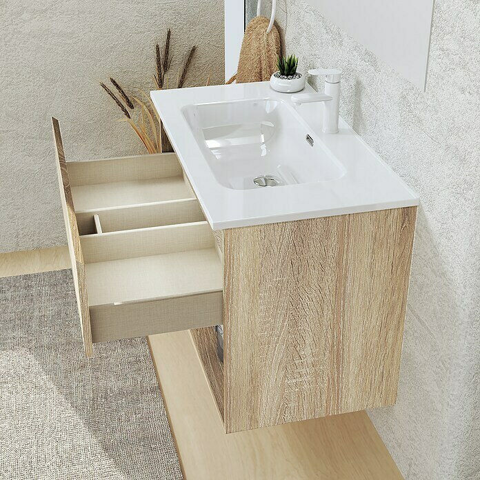 Conjunto de mueble de baño Vela (100 cm, Natural, Efecto madera, 3 pzs.)