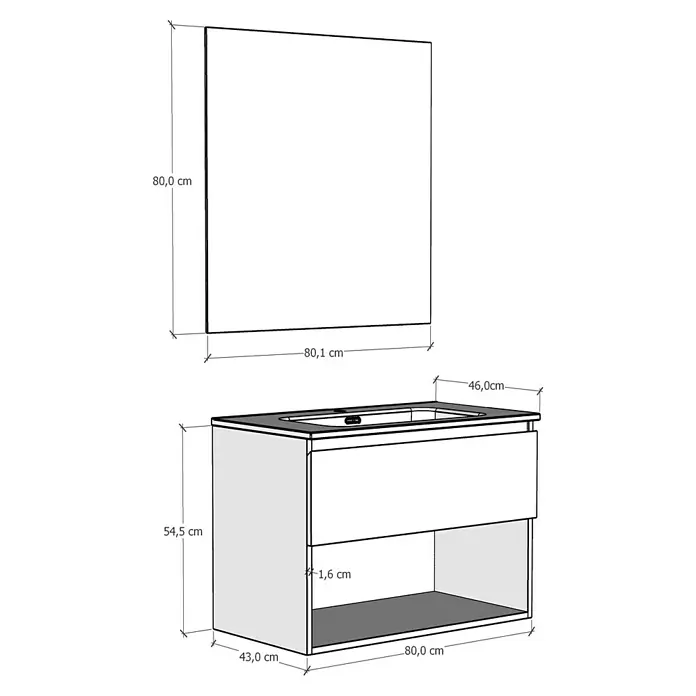 Artysan Conjunto de mueble de baño Vela - Ancho: 80 cm, Natural, 3 pzs. - Imagen del producto de un mueble de baño con lavabo y espejo. El mueble presenta un diseño moderno y funcional.