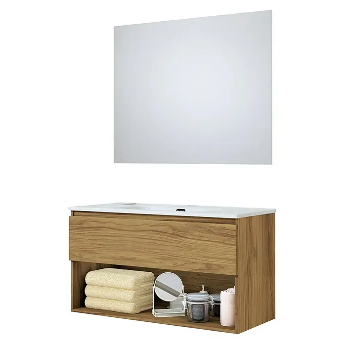 Artysan Conjunto de mueble de baño Vela - Ancho: 100 cm, Roble guadarrama, 3 pzs. - Mueble de baño moderno con mueble de lavabo de madera, encimera blanca y espejo. Incluye toallas y elementos decorativos.