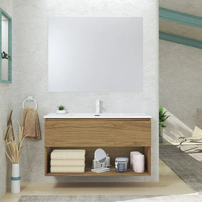 Artysan Conjunto de mueble de baño Vela - Ancho: 100 cm, Roble guadarrama, 3 pzs. - Un tocador moderno con textura de madera y espacio de almacenamiento, complementado con un gran espejo, ofrece una solución de baño elegante.