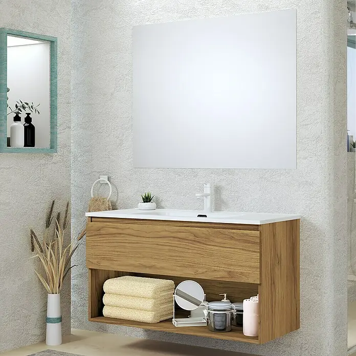 Artysan Conjunto de mueble de baño Vela - Ancho: 100 cm, Roble guadarrama, 3 pzs. - La imagen presenta un tocador moderno con un acabado de madera y un espejo grande en un baño elegante.