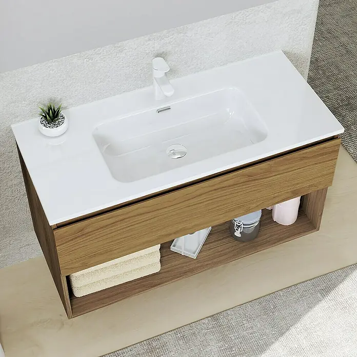 Artysan Conjunto de mueble de baño Vela - Ancho: 100 cm, Roble guadarrama, 3 pzs. - Mueble de baño moderno con base de madera, lavabo sobre encimera y grifo minimalista para una configuración elegante.