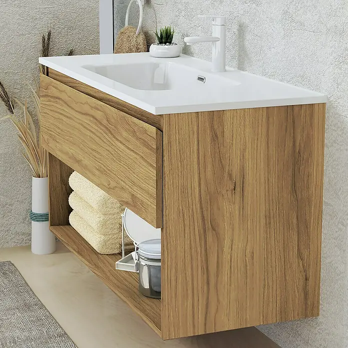 Artysan Conjunto de mueble de baño Vela - Ancho: 100 cm, Roble guadarrama, 3 pzs. - Moderno tocador de baño con textura de madera y lavabo sobre encimera blanco, ideal para baños elegantes.