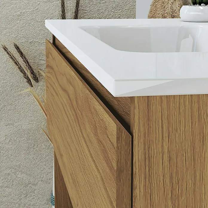 Artysan Conjunto de mueble de baño Vela - Ancho: 100 cm, Roble guadarrama, 3 pzs. - Primer plano de un moderno mueble de baño con lavabo blanco y frontal de aspecto madera. Diseño elegante para baño.