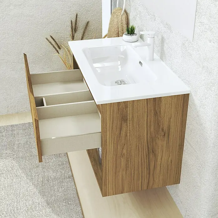 Artysan Conjunto de mueble de baño Vela - Ancho: 60 cm, Roble guadarrama, 3 pzs. - Un moderno mueble de lavabo con cajones abiertos y textura de madera. El lavabo es de porcelana blanca y está equipado con grifo.
