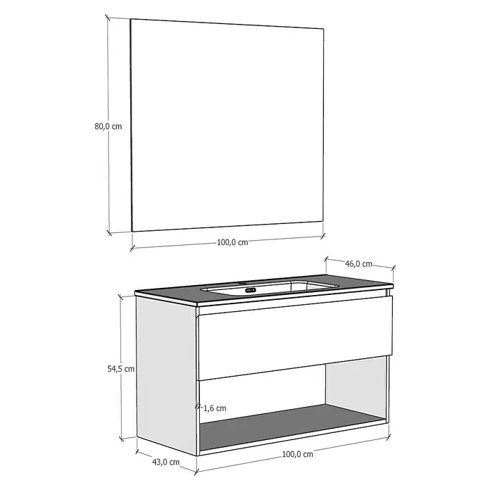 Artysan Conjunto de mueble de baño Vela - Ancho: 100 cm, Roble guadarrama, 3 pzs. - Imagen del producto de un mueble de baño con lavabo y espejo, con medidas para destacar las dimensiones del mueble.
