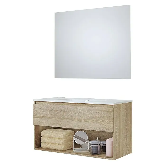 Artysan Conjunto de mueble de baño Vela - Ancho: 100 cm, Natural, 3 pzs. - Lavabo moderno con espejo. El mueble de baño ofrece espacio de almacenamiento para toallas y utensilios de baño.