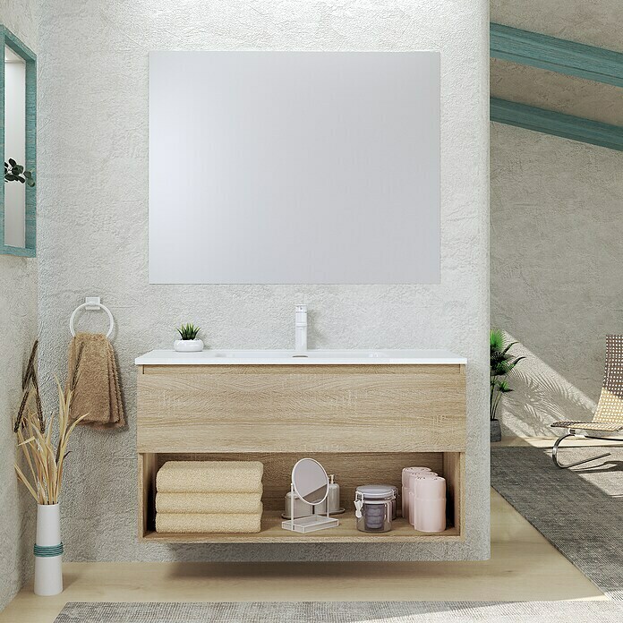 Mueble de Baño al Suelo con Lavabo Cerámico, 60 cm, 3 Cajones con Cierre  Amortiguado y Organizador, Roble Natural - Negro
