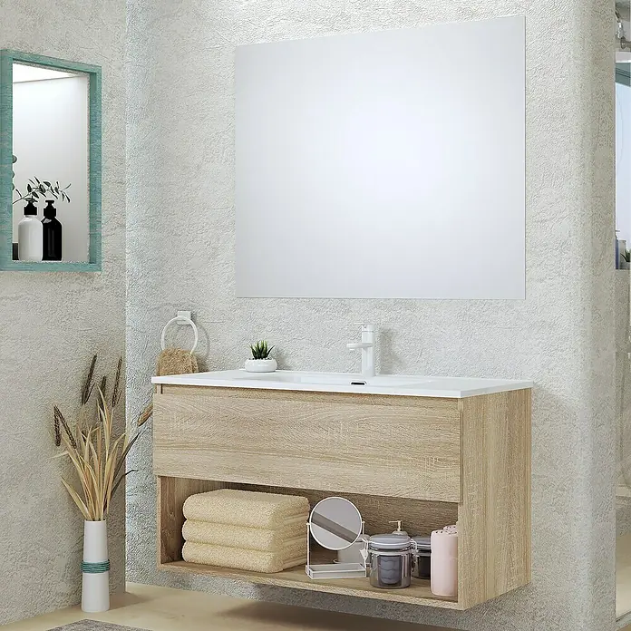 Artysan Conjunto de mueble de baño Vela - Ancho: 100 cm, Natural, 3 pzs. - Mueble de baño con lavabo y espejo. El mueble inferior es de madera clara y ofrece espacio de almacenamiento. Toallas y decoración están colocadas.