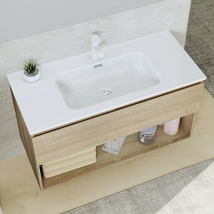 Artysan Conjunto de mueble de baño Vela - Ancho: 100 cm, Natural, 3 pzs. - Un tocador de baño con un lavabo blanco, grifo y espacio para guardar toallas y accesorios de baño.