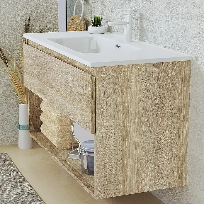 Artysan Conjunto de mueble de baño Vela - Ancho: 100 cm, Natural, 3 pzs. - Un mueble de baño de madera clara con un lavabo blanco y espacio de almacenamiento abierto para toallas y esenciales.
