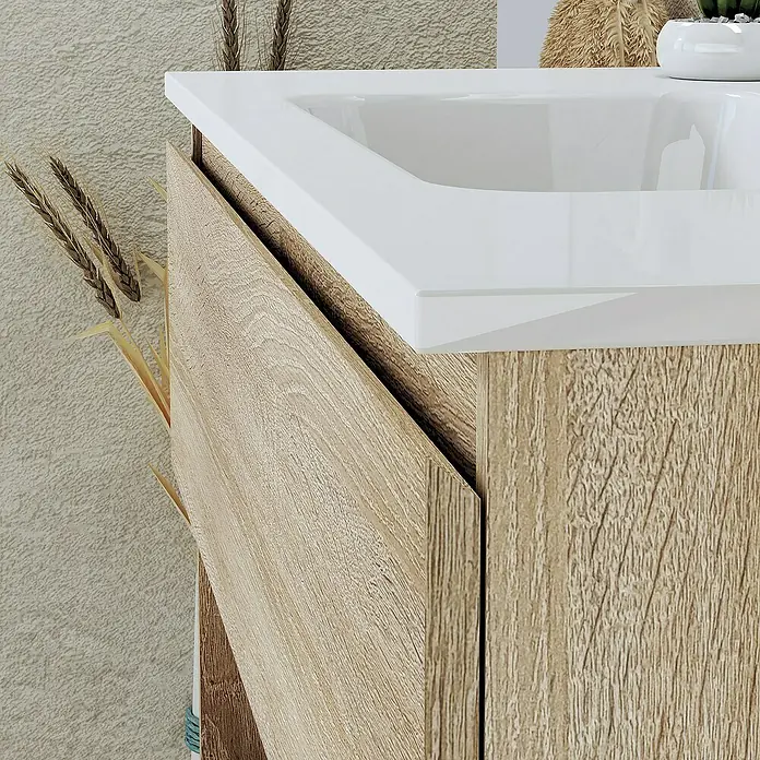 Artysan Conjunto de mueble de baño Vela - Ancho: 100 cm, Natural, 3 pzs. - Primer plano de un mueble de baño de madera con lavabo blanco, ideal para baños elegantes.