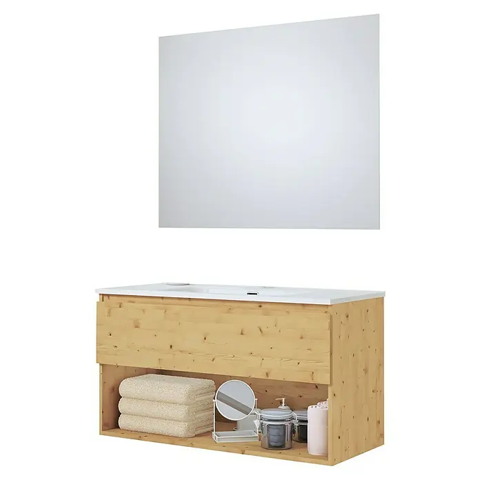 Artysan Conjunto de mueble de baño Vela - Ancho: 100 cm, Pino, 3 pzs. - Un tocador moderno de madera clara con encimera blanca y espejo, que aporta almacenamiento y estilo a cualquier baño.