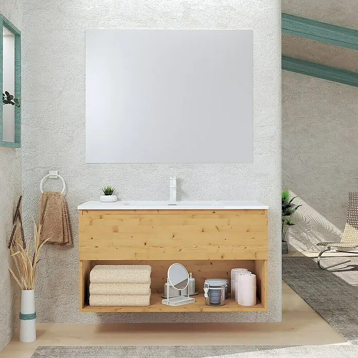 Artysan Conjunto de mueble de baño Vela - Ancho: 100 cm, Pino, 3 pzs. - Un tocador de baño de madera clara con estante y toallas debajo de un gran espejo proporciona un aspecto moderno.