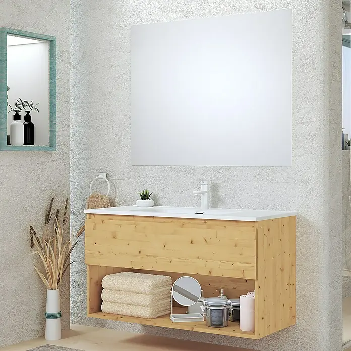 Artysan Conjunto de mueble de baño Vela - Ancho: 100 cm, Pino, 3 pzs. - Baño con mueble de lavabo de madera clara, espejo grande y decoración para un ambiente natural.