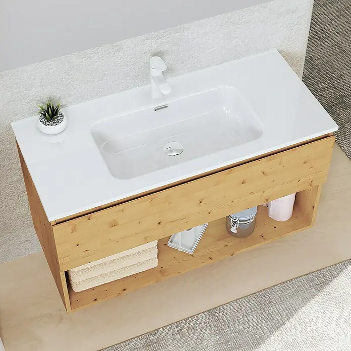 Artysan Conjunto de mueble de baño Vela - Ancho: 100 cm, Pino, 3 pzs. - Un tocador de baño moderno con mueble de madera y un elegante lavabo blanco. Práctico y con estilo para cualquier baño.