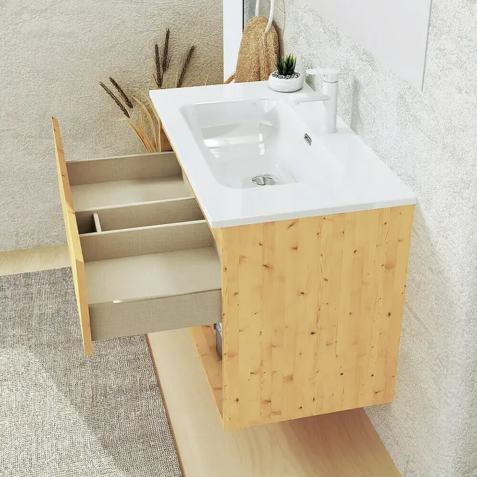 Artysan Conjunto de mueble de baño Vela - Ancho: 80 cm, Pino, 3 pzs. - Un moderno mueble de baño con cuerpo de madera clara, encimera blanca con lavabo integrado y un cajón abierto.