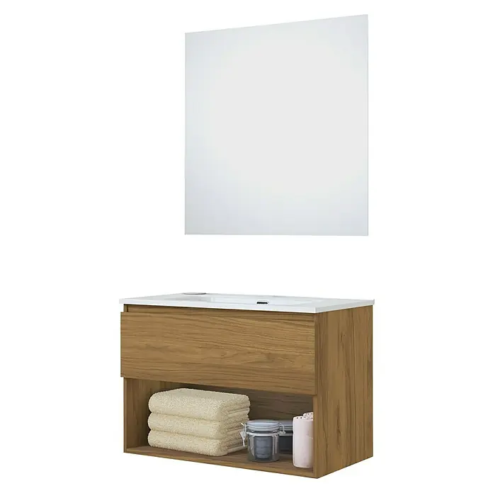 Artysan Conjunto de mueble de baño Vela - Ancho: 80 cm, Roble guadarrama, 3 pzs. - Elegante mueble de baño con acabado en madera, encimera blanca y espejo a juego para un baño moderno.