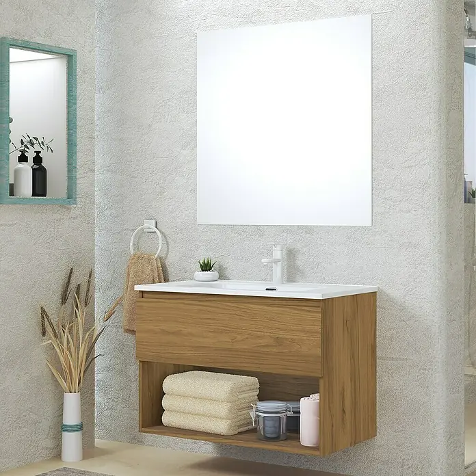 Artysan Conjunto de mueble de baño Vela - Ancho: 80 cm, Roble guadarrama, 3 pzs. - Elegante interior de baño con un moderno mueble de lavabo con aspecto de madera, un gran espejo y elementos decorativos.