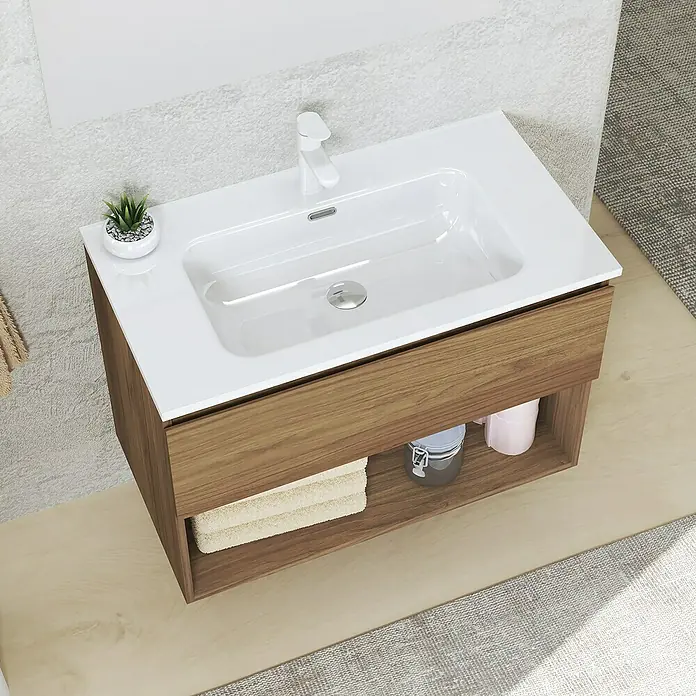 Artysan Conjunto de mueble de baño Vela - Ancho: 80 cm, Roble guadarrama, 3 pzs. - Lavabo de baño moderno con mueble de madera y estante de almacenamiento abierto.
