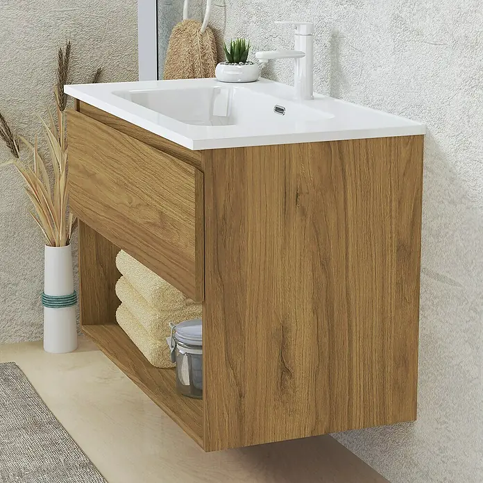 Artysan Conjunto de mueble de baño Vela - Ancho: 80 cm, Roble guadarrama, 3 pzs. - Imagen de un tocador de baño moderno de madera con lavabo blanco, espacio de almacenamiento y grifo.