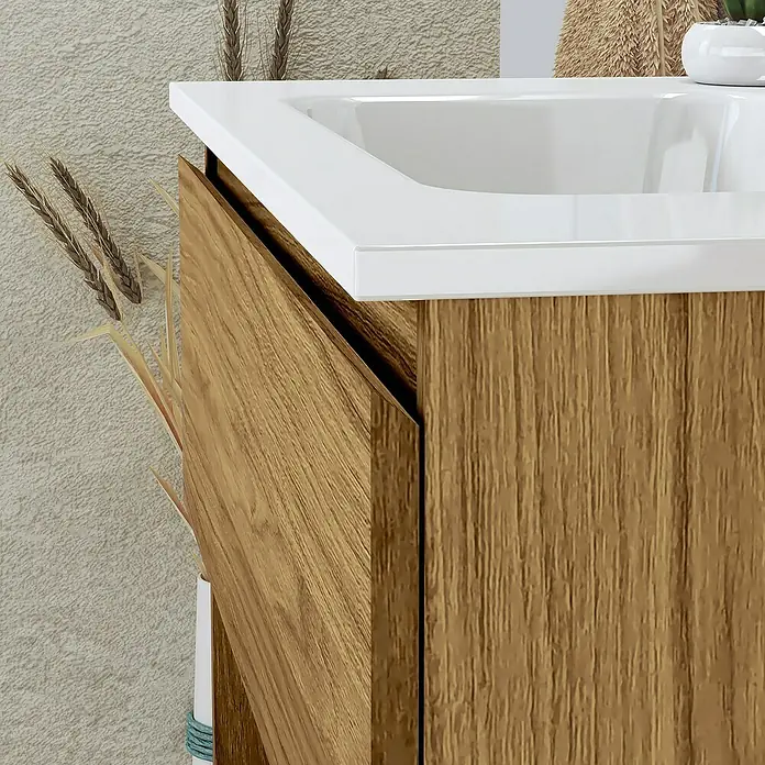Artysan Conjunto de mueble de baño Vela - Ancho: 80 cm, Roble guadarrama, 3 pzs. - Detalle de un tocador moderno con encimera blanca y acabado de vetas de madera, creando un ambiente de baño elegante.