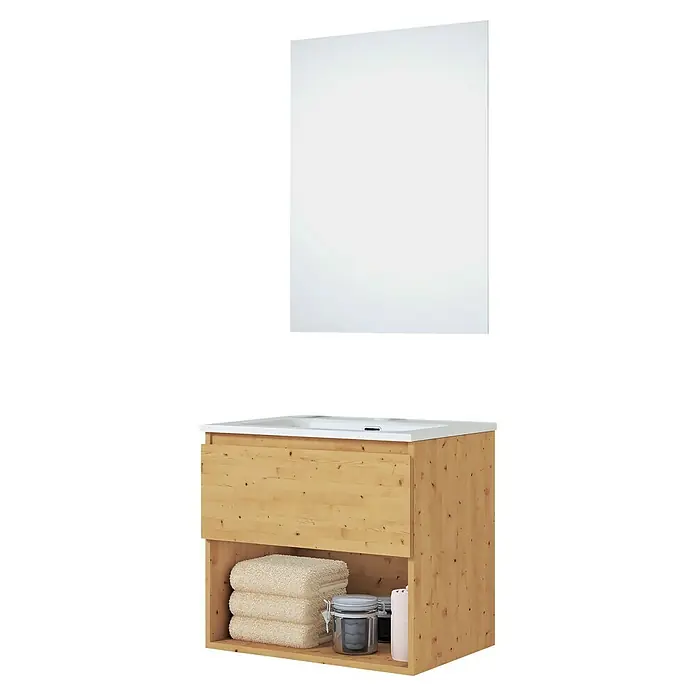 Artysan Conjunto de mueble de baño Vela - Ancho: 60 cm, Pino, 3 pzs. - Mueble de baño con mueble de lavabo de madera, toallas blancas y espejo para un diseño de baño elegante y funcional.