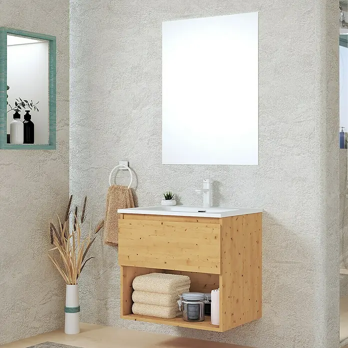 Artysan Conjunto de mueble de baño Vela - Ancho: 60 cm, Pino, 3 pzs. - Conjunto de muebles de baño con mueble bajo lavabo de madera clara, lavabo sobre encimera blanco, toalla y espejo.