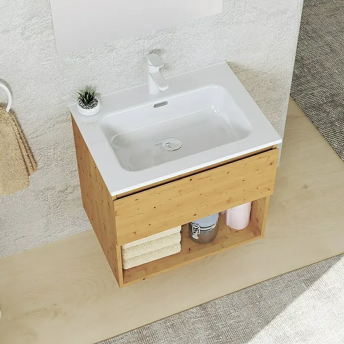 Artysan Conjunto de mueble de baño Vela - Ancho: 60 cm, Pino, 3 pzs. - Un moderno mueble de baño con gabinete de madera, lavabo blanco y espacio de almacenamiento para artículos esenciales de baño. Perfecto para un baño elegante.