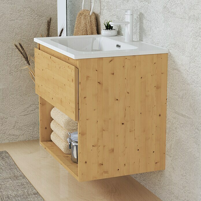 Baño con muebles de malla de mimbre, gabinete de madera con puerta