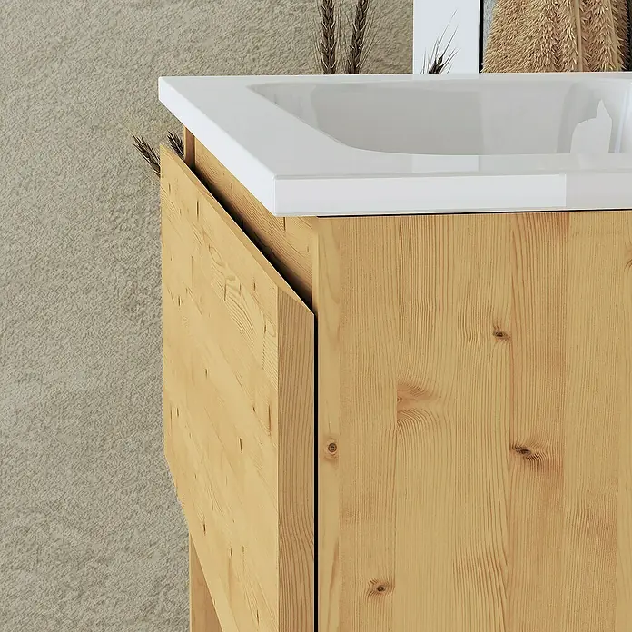 Artysan Conjunto de mueble de baño Vela - Ancho: 60 cm, Pino, 3 pzs. - Primer plano de un mueble de baño de madera clara con un lavabo blanco, mostrando un diseño moderno que combina materiales naturales.