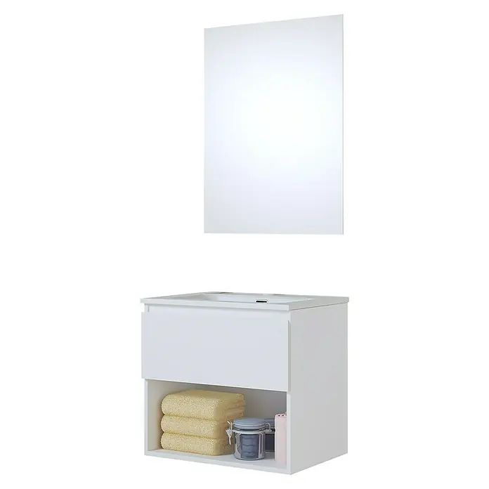 Artysan Conjunto de mueble de baño Vela - Ancho: 60 cm, Blanco, 3 pzs. - Un mueble de lavabo blanco con un compartimento abierto debajo y un espejo arriba. Ideal para cualquier baño.