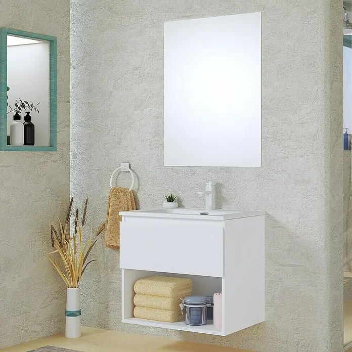 Artysan Conjunto de mueble de baño Vela - Ancho: 60 cm, Blanco, 3 pzs. - Elegante mueble de baño con lavabo y espejo. El diseño limpio ofrece almacenamiento y estanterías para toallas y accesorios de baño.