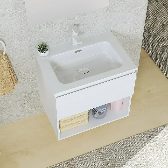Artysan Conjunto de mueble de baño Vela - Ancho: 60 cm, Blanco, 3 pzs. - Unidad de baño moderna con lavabo, grifo, toallas y espacio para productos esenciales de baño. El mueble es de color blanco brillante.