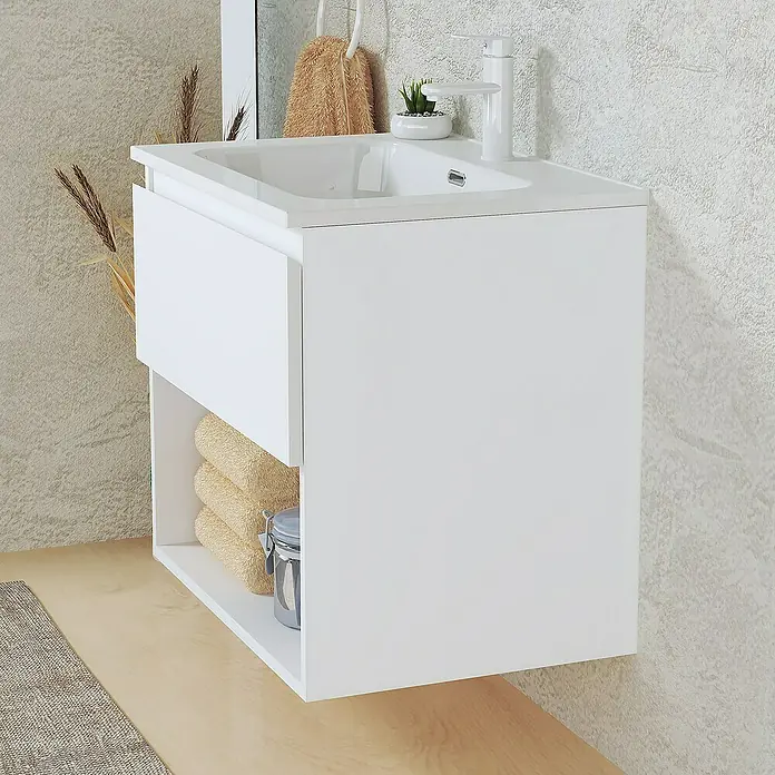 Artysan Conjunto de mueble de baño Vela - Ancho: 60 cm, Blanco, 3 pzs. - Elegante mueble de baño blanco con lavabo. Ofrece un cajón y un compartimento abierto para toallas y accesorios de baño.