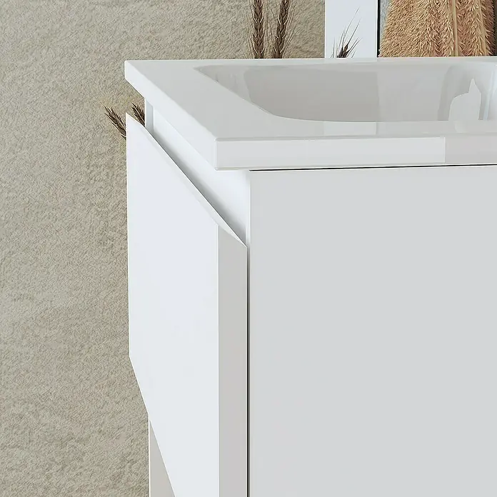 Artysan Conjunto de mueble de baño Vela - Ancho: 60 cm, Blanco, 3 pzs. - Vista detallada de un moderno tocador blanco con armario abierto, destacando su diseño minimalista y líneas limpias.