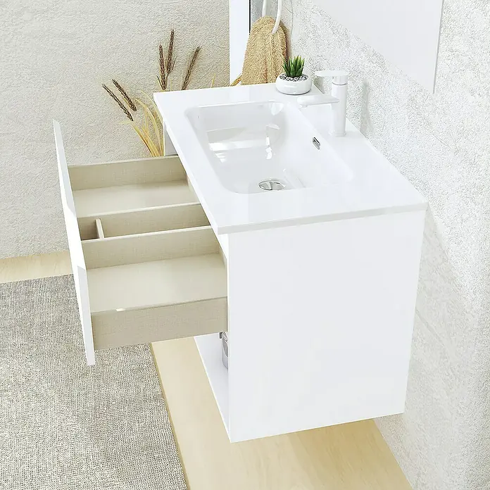 Artysan Conjunto de mueble de baño Vela - Ancho: 60 cm, Blanco, 3 pzs. - Un mueble de baño blanco con cajón abierto y lavabo integrado proporciona un almacenamiento elegante para un baño moderno.