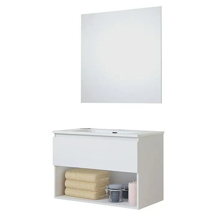 Artysan Conjunto de mueble de baño Vela - Ancho: 80 cm, Blanco, 3 pzs. - Conjunto de baño moderno con mueble de lavabo blanco con almacenaje abierto y espejo rectangular elegante para un espacio funcional.