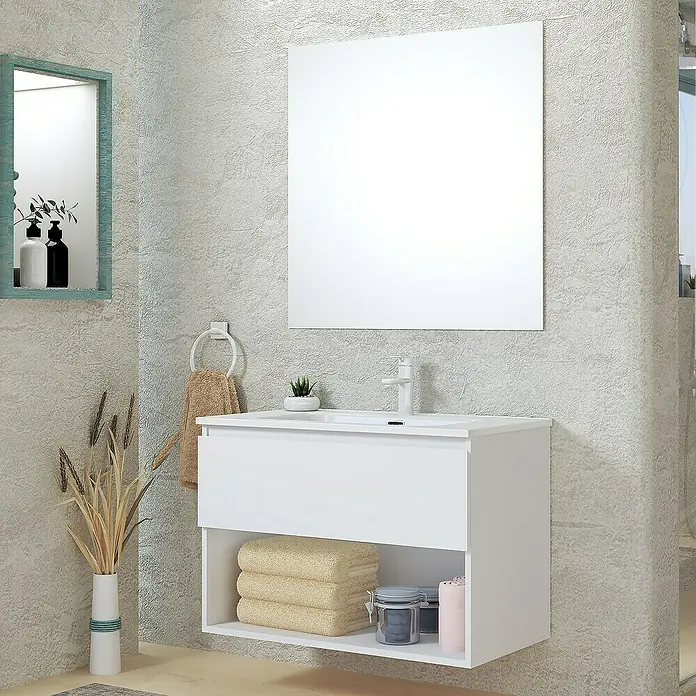 Artysan Conjunto de mueble de baño Vela - Ancho: 80 cm, Blanco, 3 pzs. - Un tocador moderno con gabinete blanco, que ofrece almacenamiento y un diseño minimalista para baños.