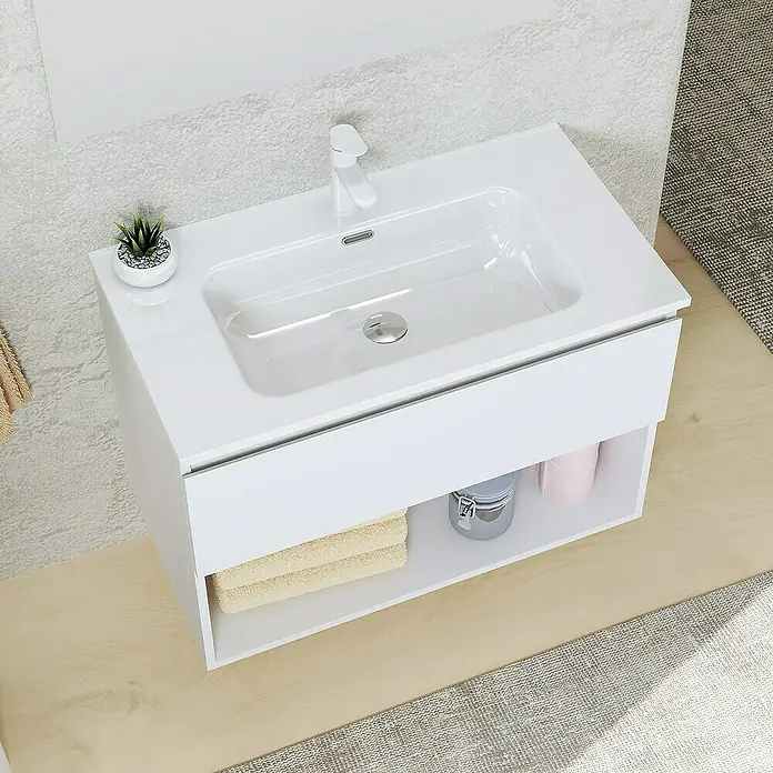 Artysan Conjunto de mueble de baño Vela - Ancho: 80 cm, Blanco, 3 pzs. - Mueble de baño blanco con lavabo integrado y estante de almacenamiento, ideal para baños modernos.