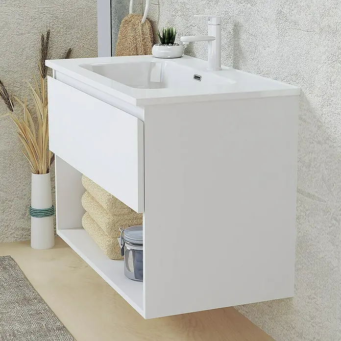 Artysan Conjunto de mueble de baño Vela - Ancho: 80 cm, Blanco, 3 pzs. - Un moderno lavabo de baño blanco con cajón y estante para un diseño elegante y almacenamiento práctico.