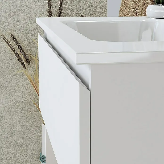 Artysan Conjunto de mueble de baño Vela - Ancho: 80 cm, Blanco, 3 pzs. - Primer plano de un moderno mueble de baño blanco con lavabo, que muestra un diseño elegante y minimalista para el baño.