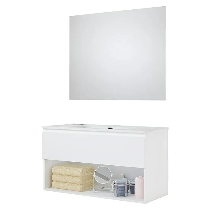 Artysan Conjunto de mueble de baño Vela - Ancho: 100 cm, Blanco, 3 pzs. - Conjunto de muebles de baño con mueble bajo lavabo y espejo. El conjunto es blanco y ofrece espacio de almacenamiento adicional.