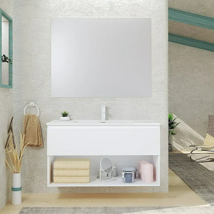 Artysan Conjunto de mueble de baño Vela - Ancho: 100 cm, Blanco, 3 pzs. - Un moderno tocador de baño blanco con espejo grande. El elegante baño tiene toallas y decoraciones a la vista.