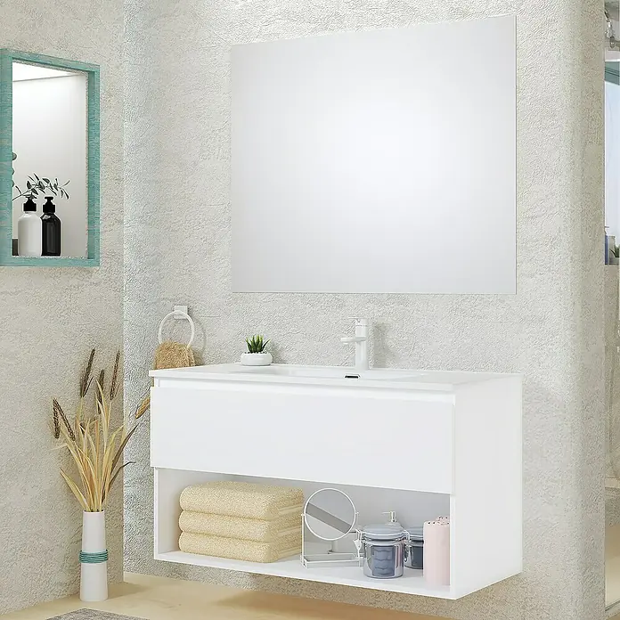 Artysan Conjunto de mueble de baño Vela - Ancho: 100 cm, Blanco, 3 pzs. - Lavabo de baño moderno con espejo y estante para toallas y accesorios. Diseño elegante para un ambiente de baño sofisticado.