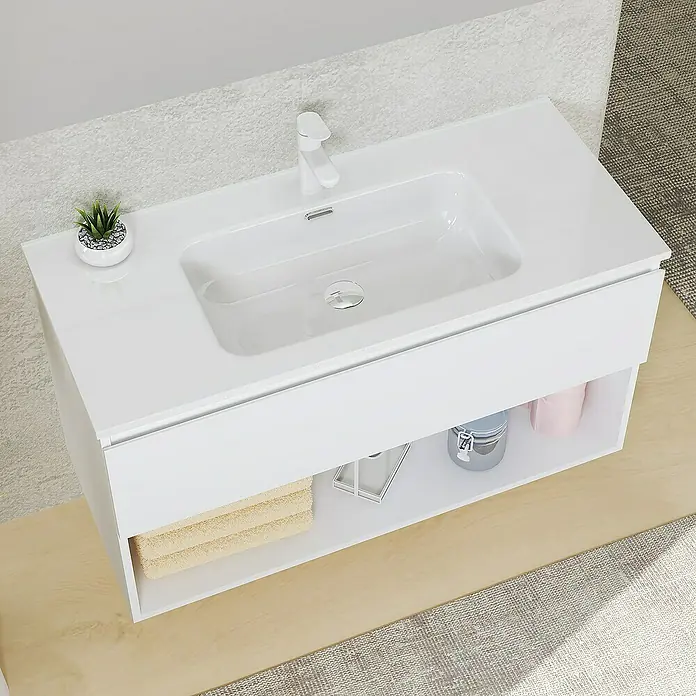 Artysan Conjunto de mueble de baño Vela - Ancho: 100 cm, Blanco, 3 pzs. - Mueble de baño blanco con almacenamiento abierto, perfecto para toallas y accesorios de baño. Diseño moderno para baños elegantes.