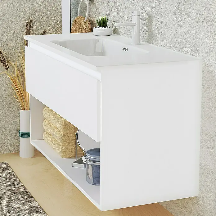 Artysan Conjunto de mueble de baño Vela - Ancho: 100 cm, Blanco, 3 pzs. - Imagen de un moderno mueble de baño blanco con lavabo y estanterías abiertas, combinando diseño elegante y funcionalidad.