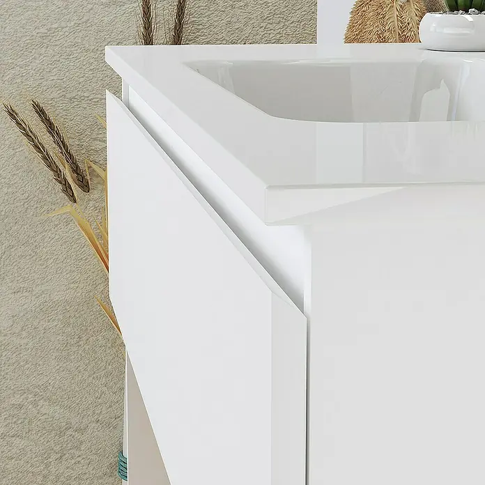 Artysan Conjunto de mueble de baño Vela - Ancho: 100 cm, Blanco, 3 pzs. - Primer plano de un mueble de baño blanco con acabado brillante y puerta abierta, acentuado por elementos decorativos.