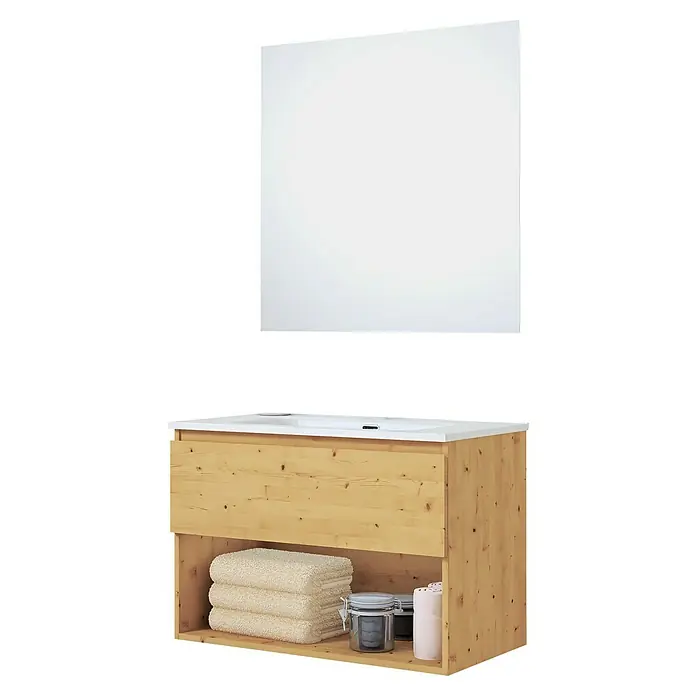 Artysan Conjunto de mueble de baño Vela - Ancho: 80 cm, Pino, 3 pzs. - Imagen de un mueble de baño de madera con encimera blanca y espejo.